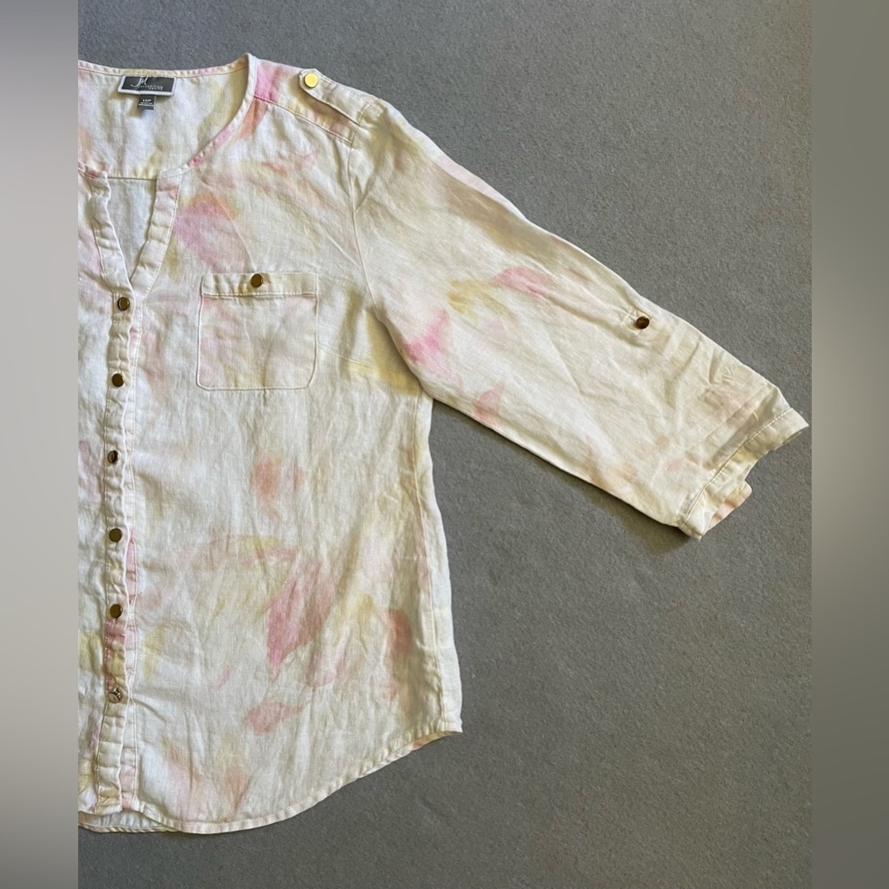 JM Collection Size 12P Women’s Button-Front Linen Top Pink Yellow Tie Dye Blouse - Picture 4 of 6